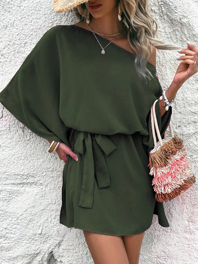 Women Satin Off-shoulder Asymmetrical Dress 12