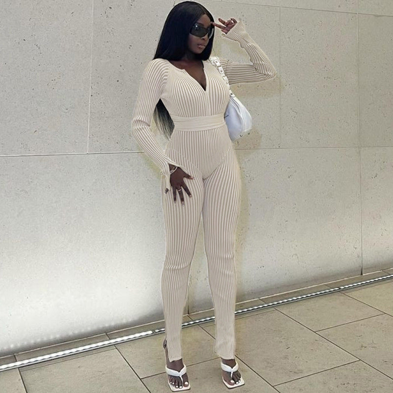 Women Sexy Ribbed Lace-up Casual Jumpsuit 5