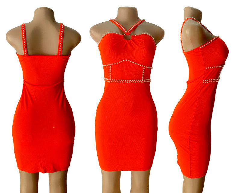 Women Beaded Sexy French Halter Neck Dress 5