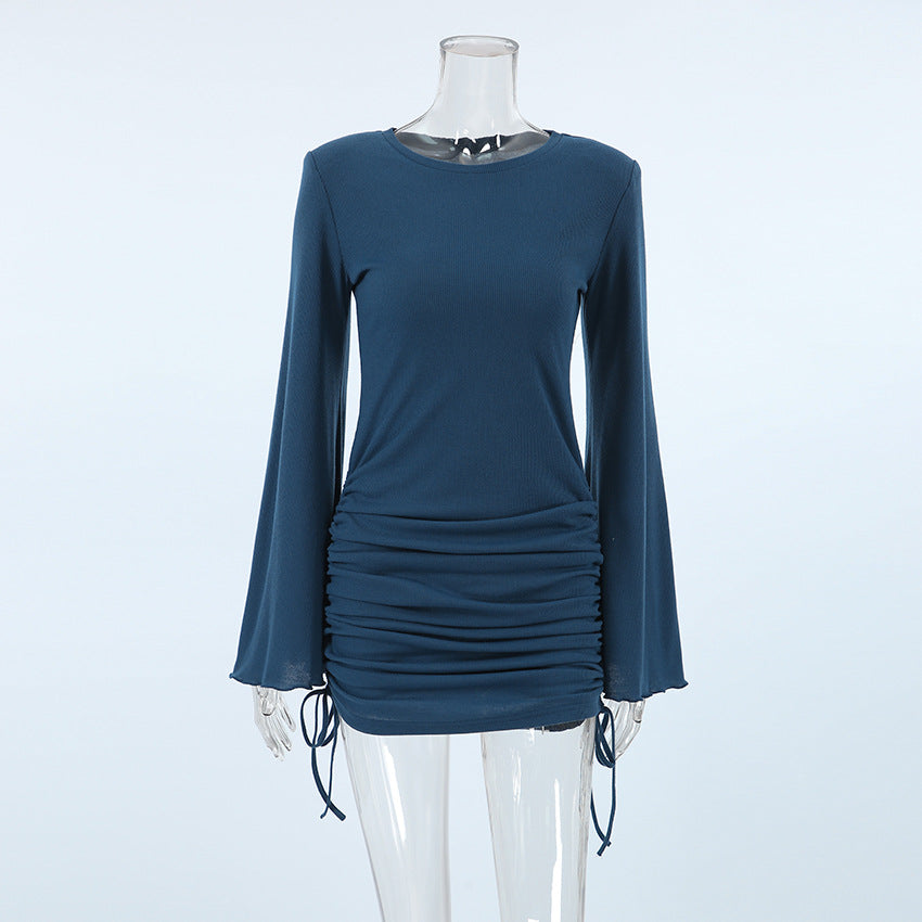 Women sexy Round Neck Bell Bottom sleeve lace-up knitting solid dress 9