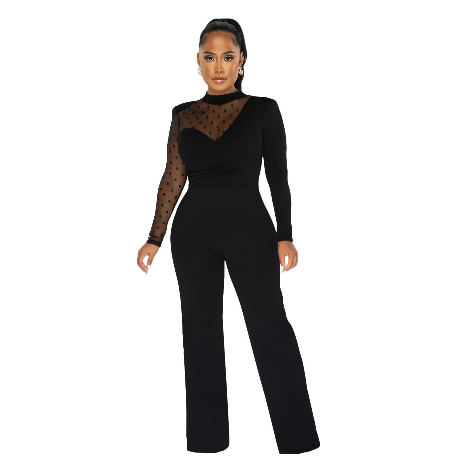 Women mesh See-Through Polka Dot Long Sleeve Jumpsuit 9