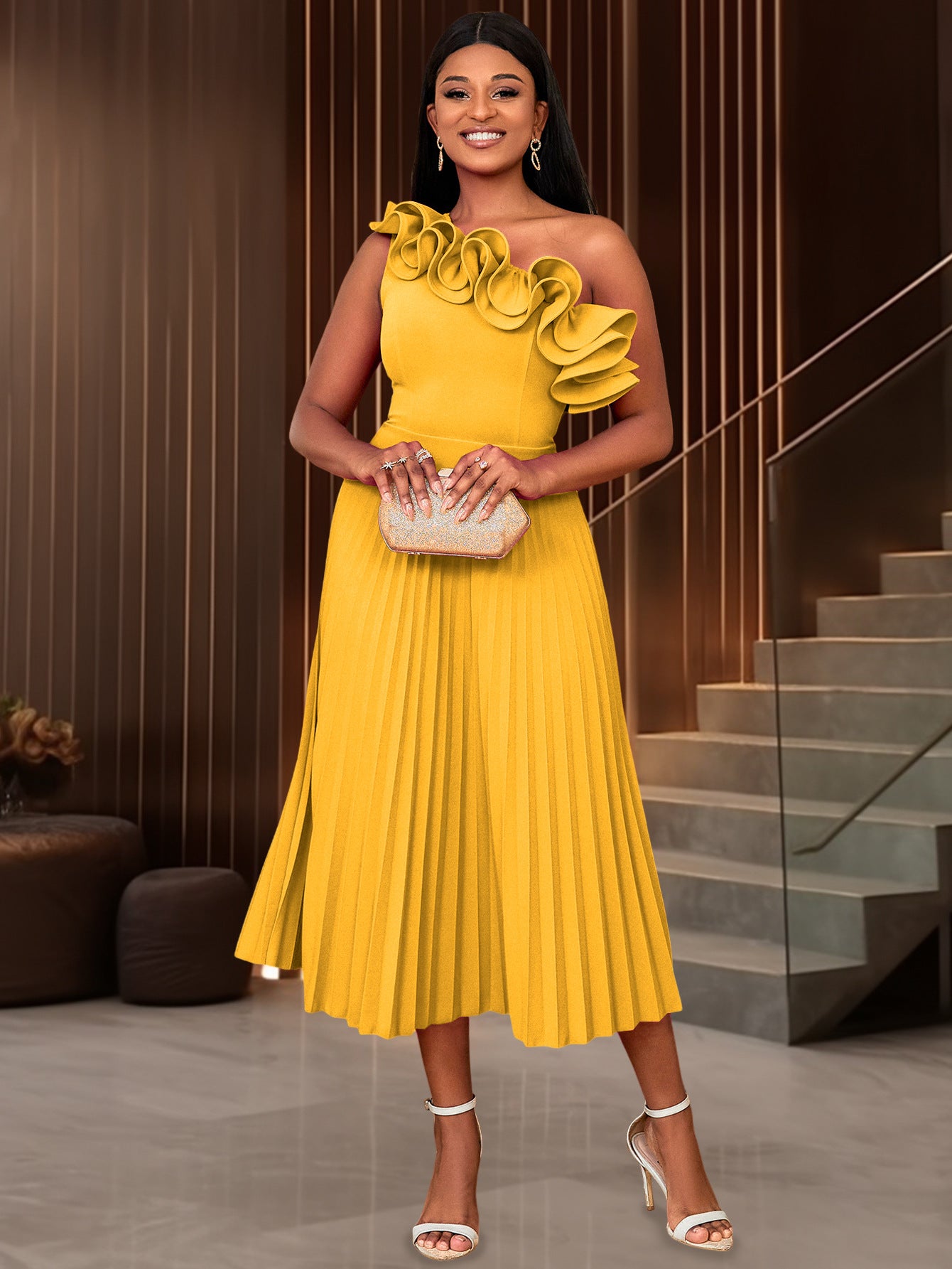 Women One Shoulder Slash Shoulder Formal Party Pleated Dress 9