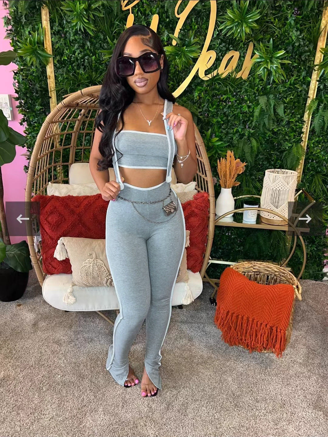 Women Stretch Ribbed Sexy Chest-Wrapped Top Overalls Two-piece Set 8