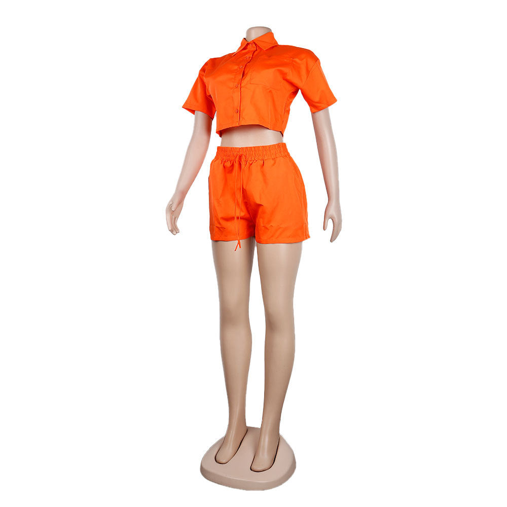 Women Casual Short Sleeve Shirt + Shorts Two Piece Set 10