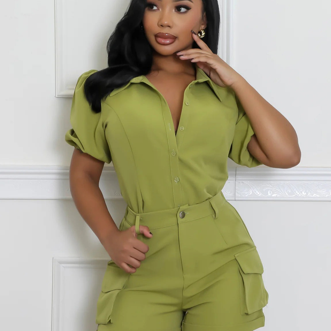 Women's Short Sleeve Turndown Collar Fashion Two-Piece SHorts Set 11