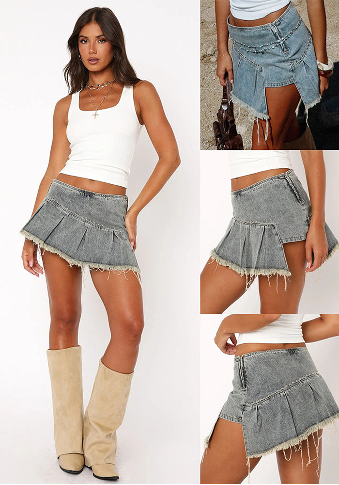 Women’s Summer Irregular Pleated A-Line Denim Mini Skirt