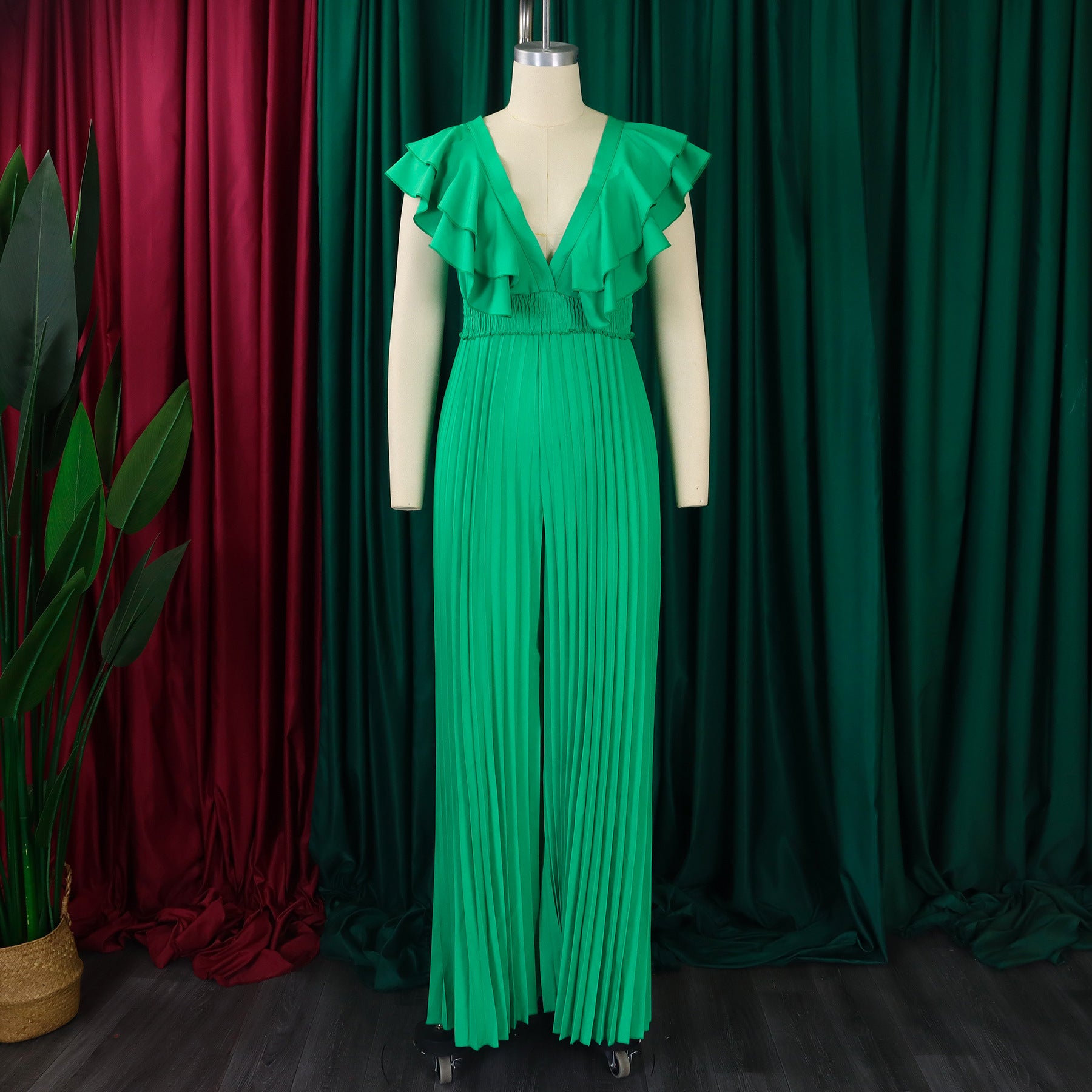 Women's Deep V Neck High Waist Sexy Ruffled Pleat Wide Leg Jumpsuit 20