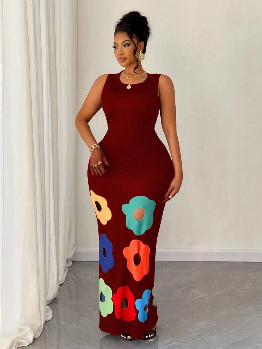 Summer Fashion Round Neck Sleeveless Positioning Print Cut-Out A-Line Dress 9