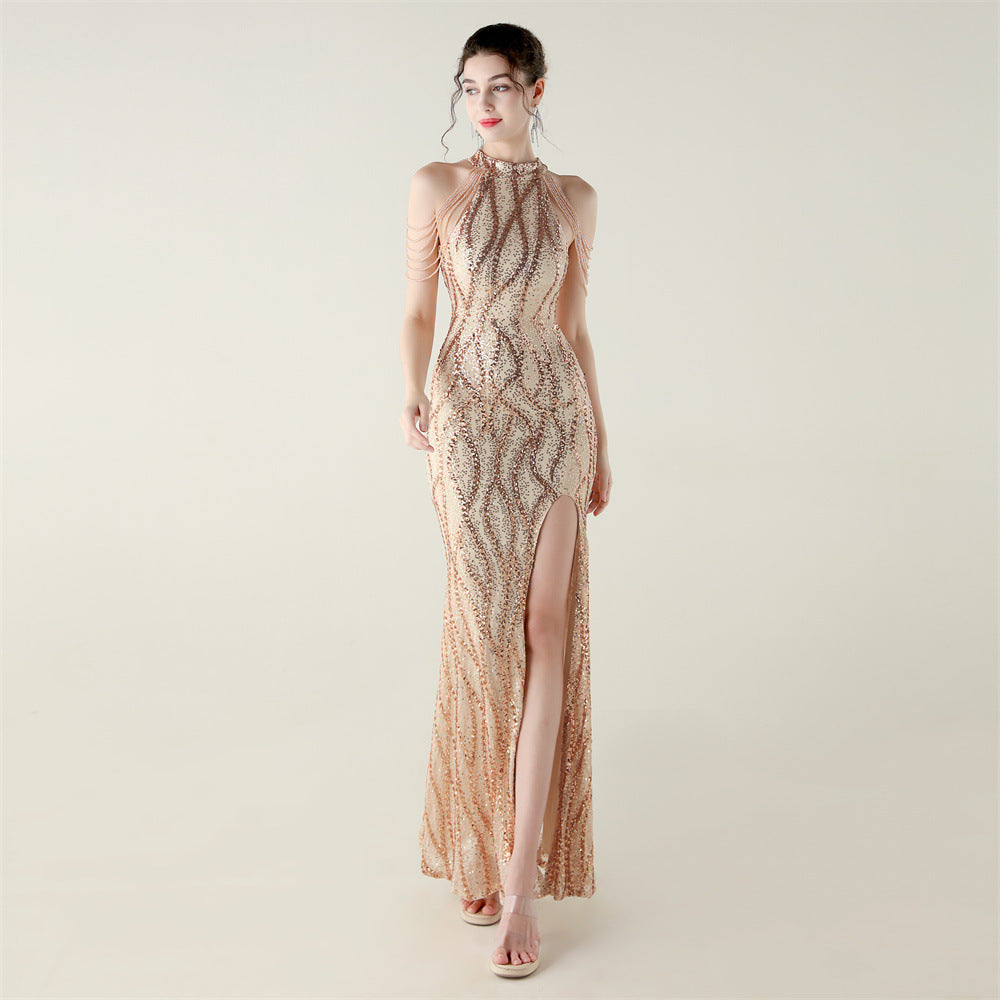 Sequin Beaded Off-Shoulder Halter Fishtail Evening Dress 17