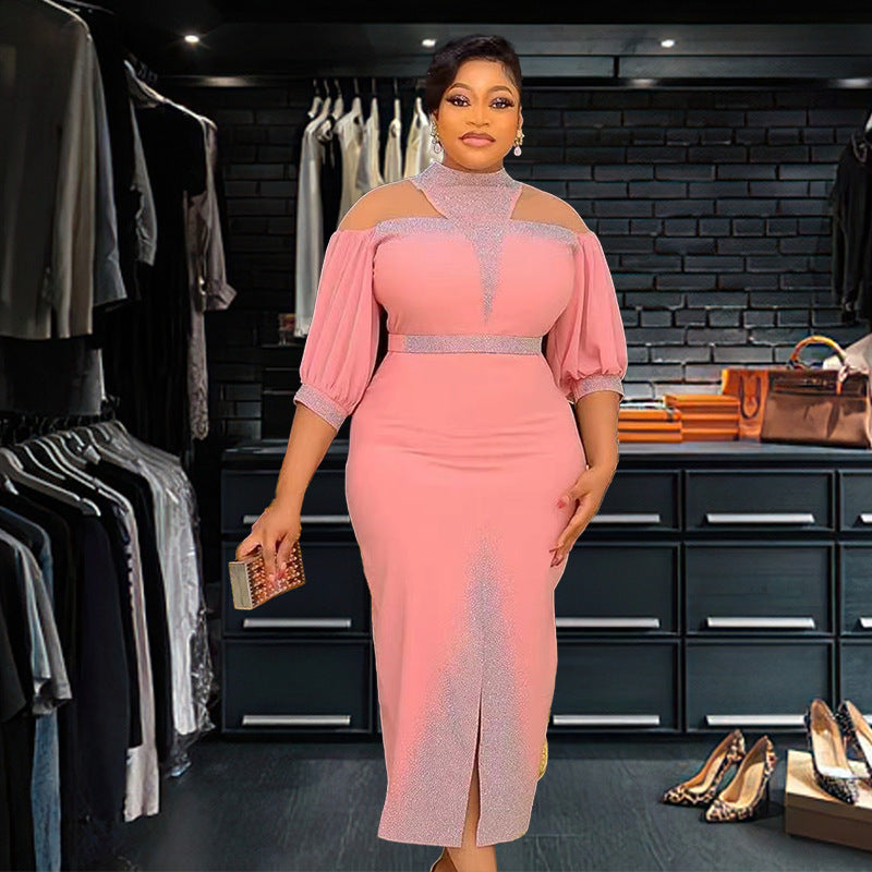 African Plus-Size Elegant Chic Beaded Patchwork Slit Bodycon Dress 7