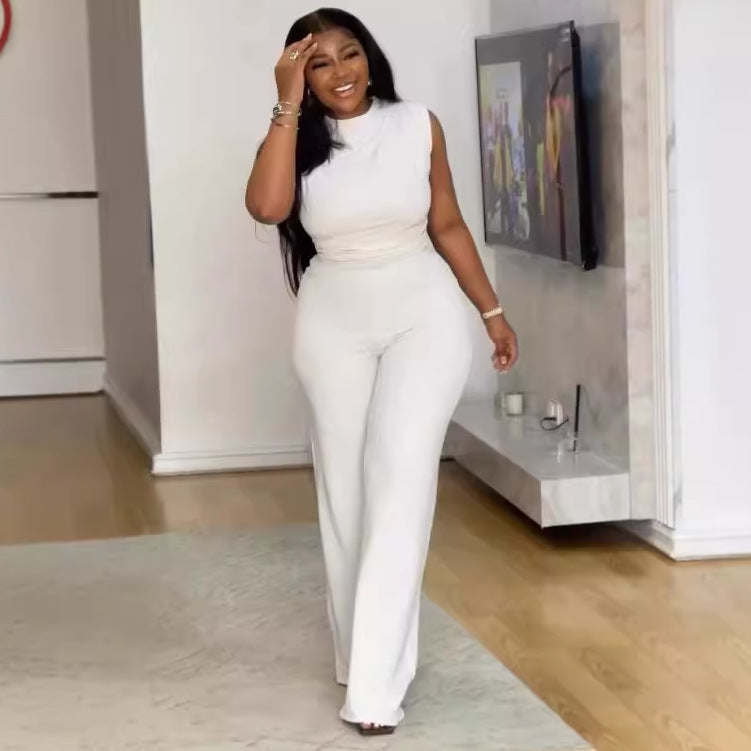 Sexy solid color sleeveless pleated wide-leg Jumpsuit 3