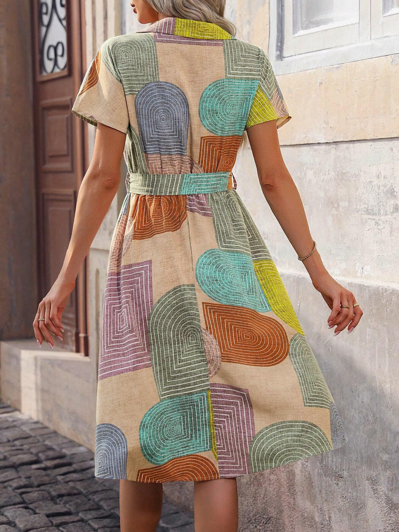 Women Geometric Pattern V-Neck Shirt Dress 4