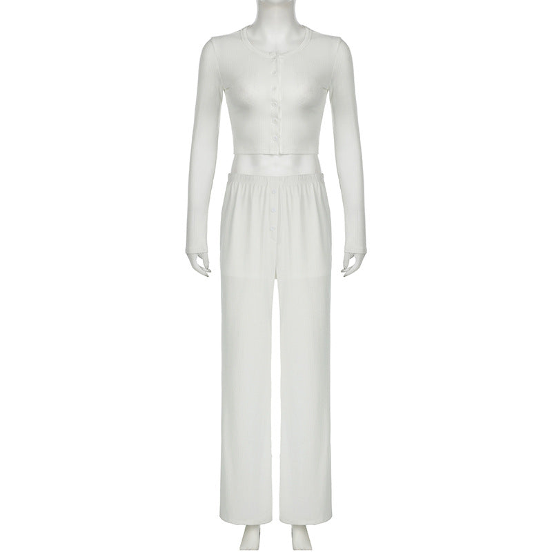 Women Casual two-piece set knitting basic button-down long-sleeved Top elastic trousers two-piece set pajamas and home clothes 24