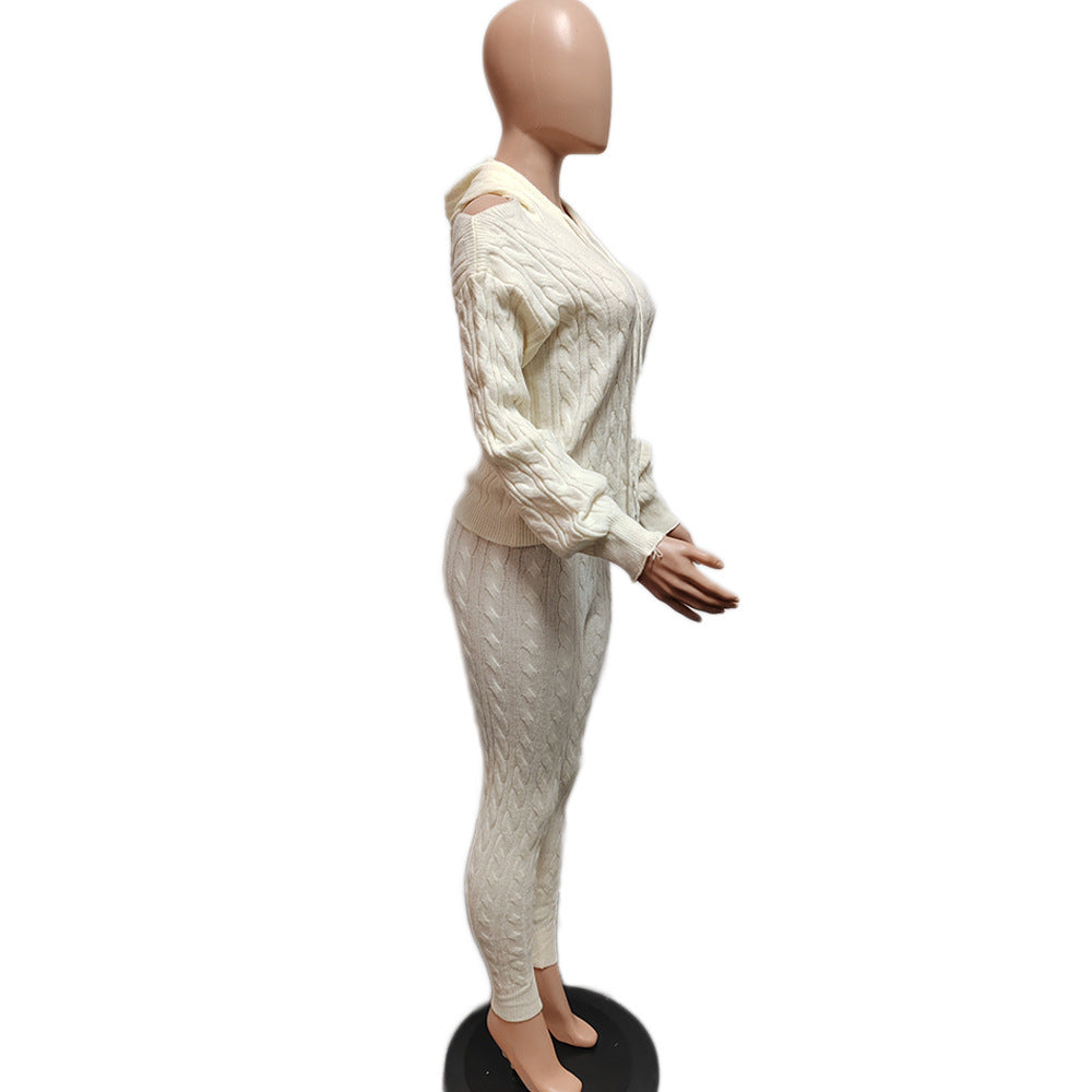 Women's Fashion Solid Color High Stretch Knitting Hooded Sweater Slim Long Pants Two Piece Set 22