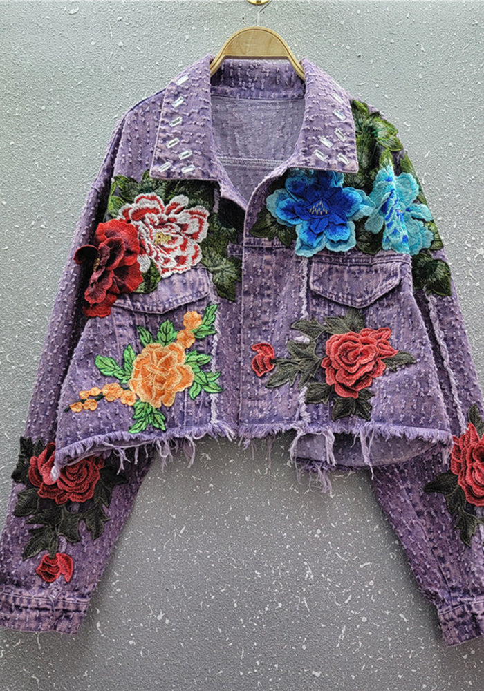 Women Spring Floral Raw Edge Casual Denim Jacket