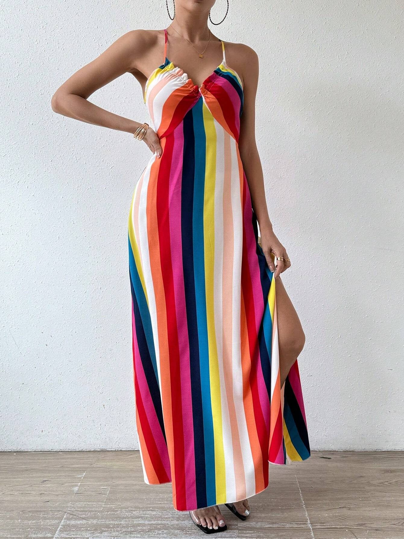 Women Backless Rainbow Suspender Print Dress 4