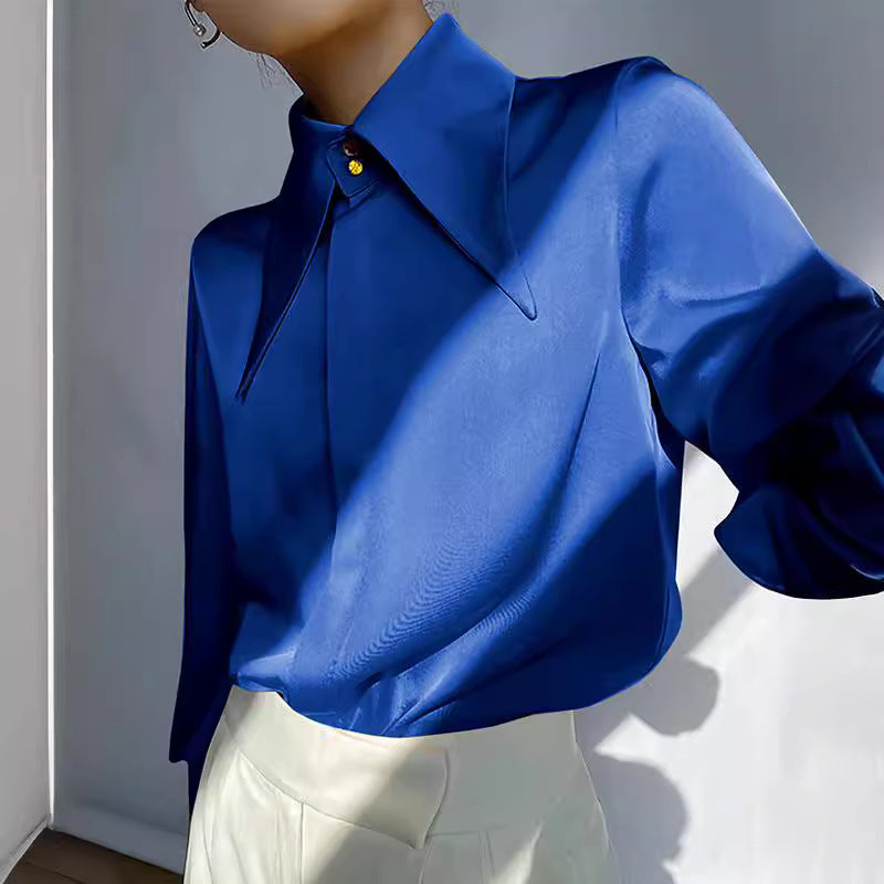 Rib Long-Sleeved Loose Turndown Collar Shirt Top 3