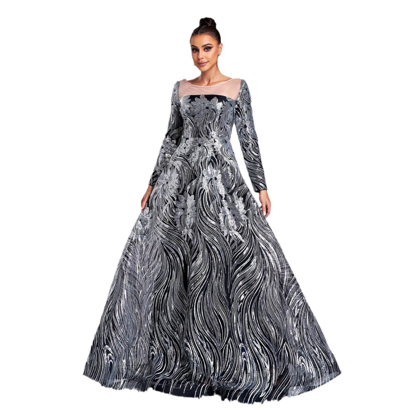Luxury Long Sleeve Round Neck Formal Party A-Line Sequin Evening Dress Women Bridesmaid Gown 6