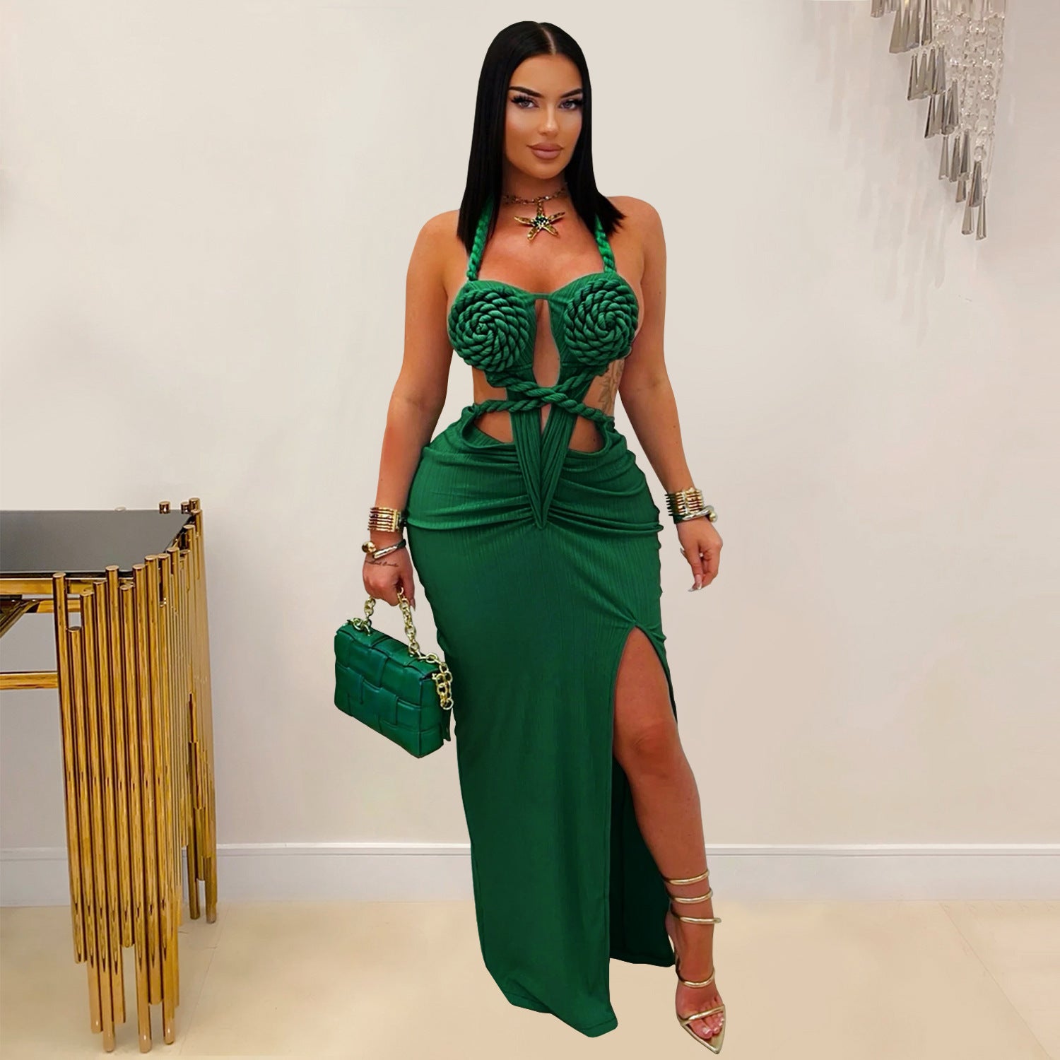 Women sexy knitting Halter Neck Backless Solid Dress 40