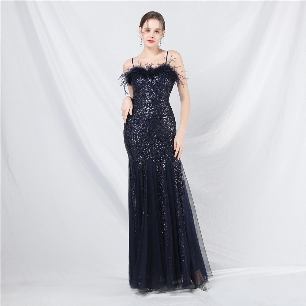 luxury feather mesh sequined long evening dress 6