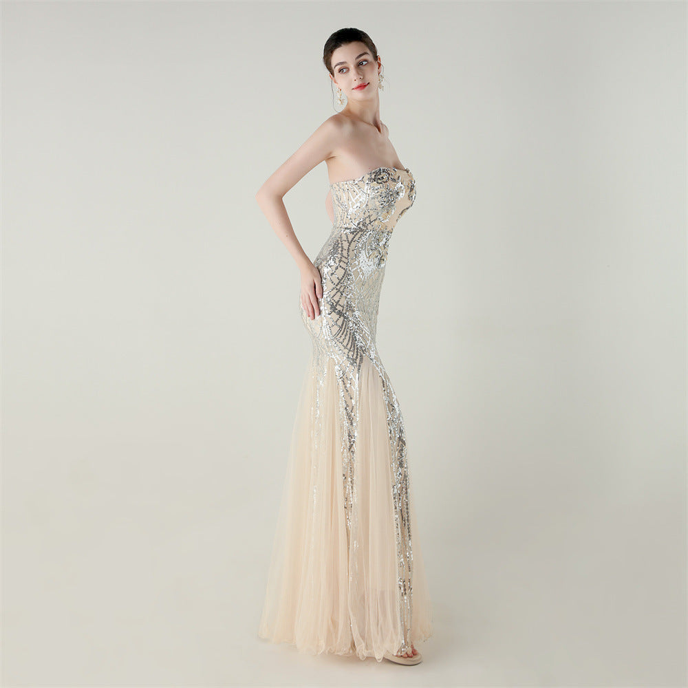 Women Strapless cross Lace-Up sequined tube flower sequined mesh evening dress Formal Party evening dress 28