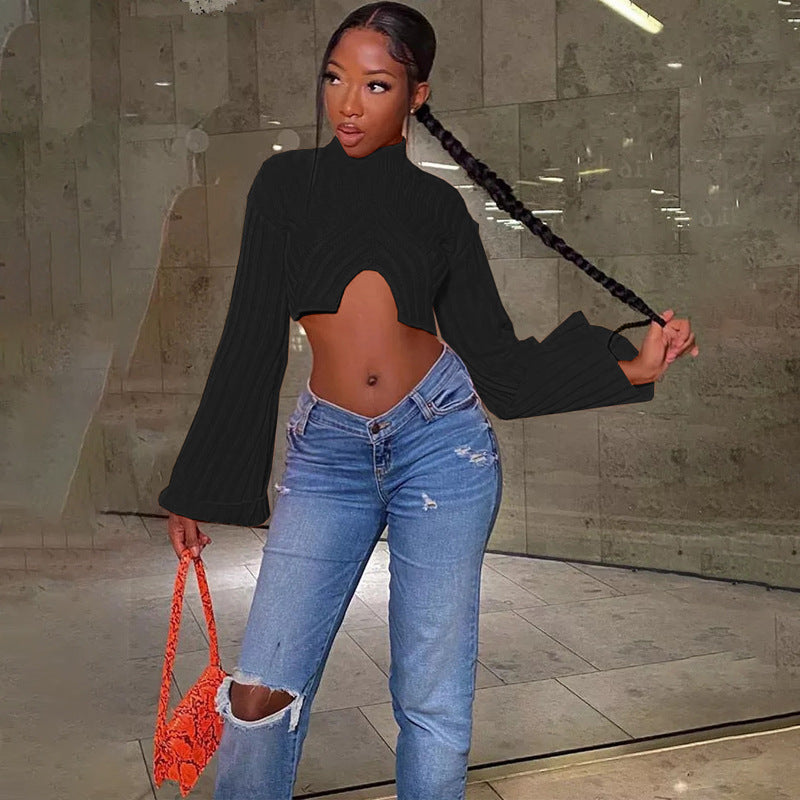 Autumn And Winter Sweater Solid Color Women Casual Long Sleeve Round Neck Classic Tight Fitting Irregular Crop Mid-Waist Women's Clothing 10