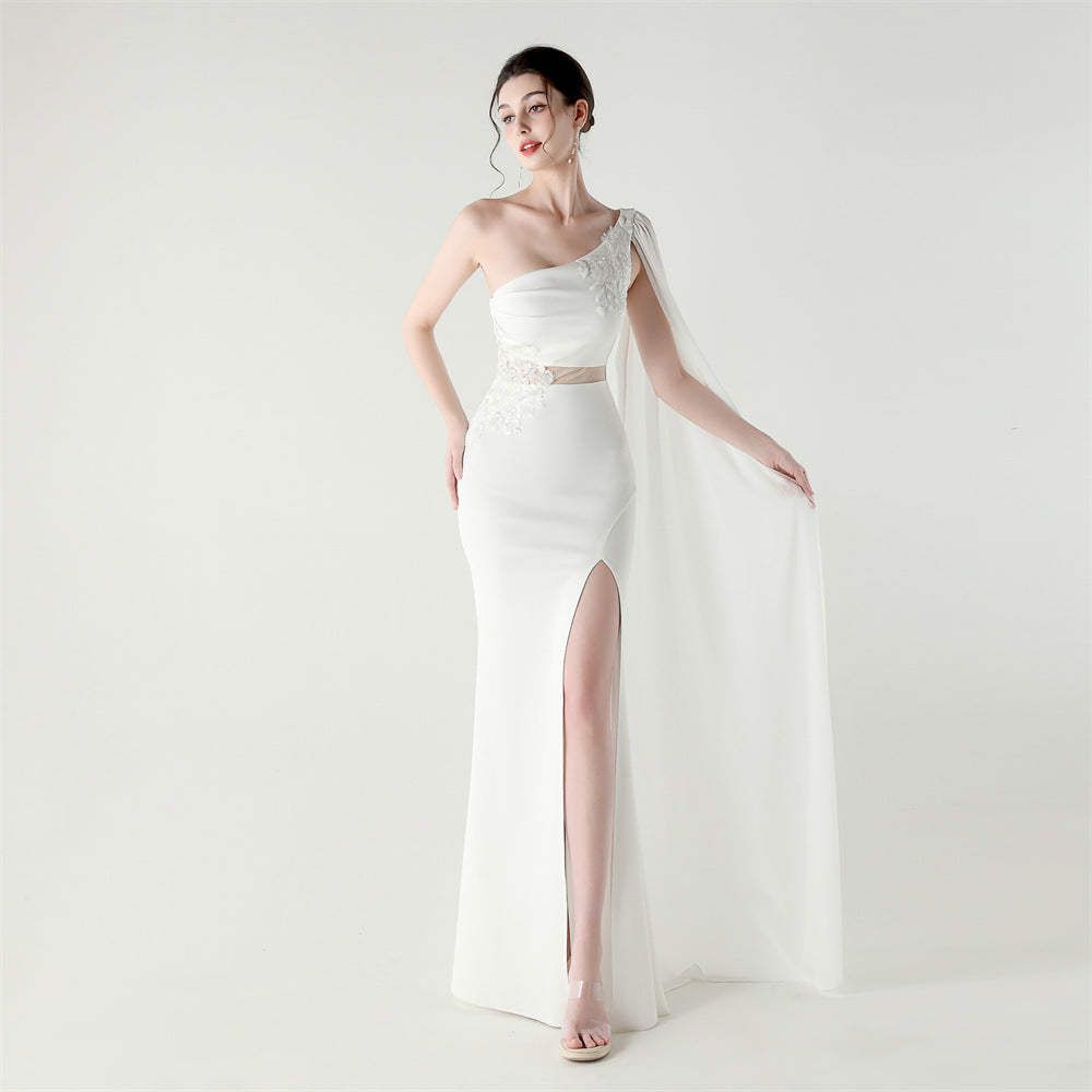 Women Tulle Shawl Beaded Tube Embroidery One Shoulder Evening Dress 14