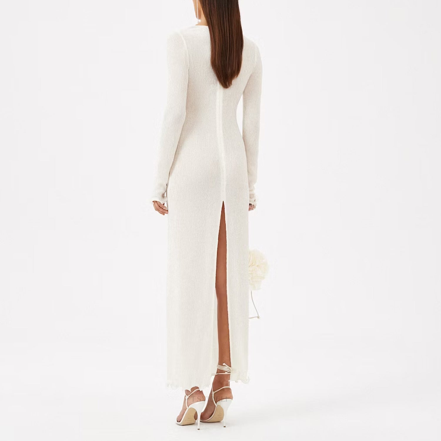 Women Flower Decoration V-Neck Long Sleeve Solid Color Slit Long Dress