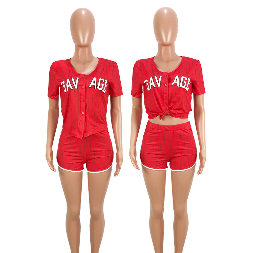 Women Sexy Women Striped Letter Baseball Top and Skirt Two-piece Set 25