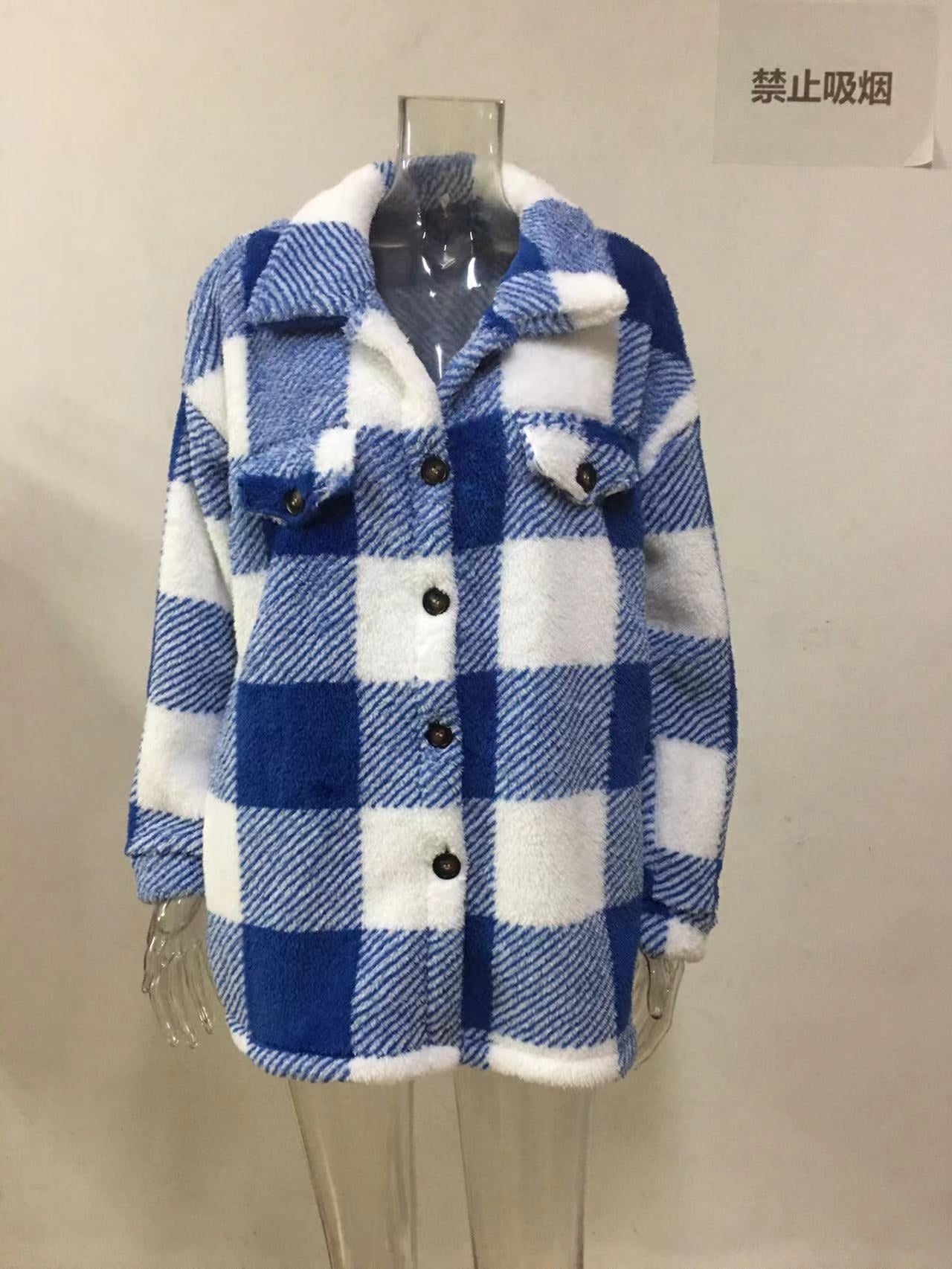 Women Autumn and Winter Pocket Plaid Sherpa Jacket Button Plush Jacket 22