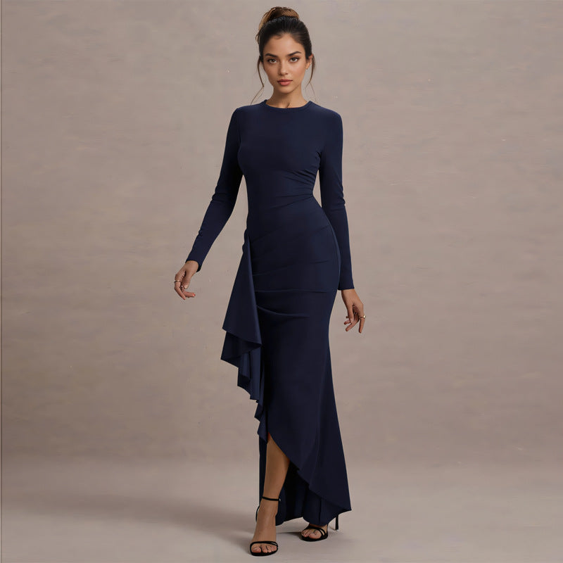 Long-Sleeve Thin Strap Slim Dress with Flounce for Fall and Winter 3