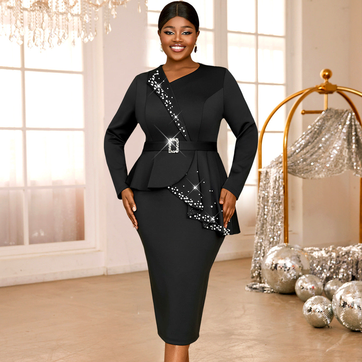 Ruffle beaded black Slim Fit Plus Size women Formal Party dress