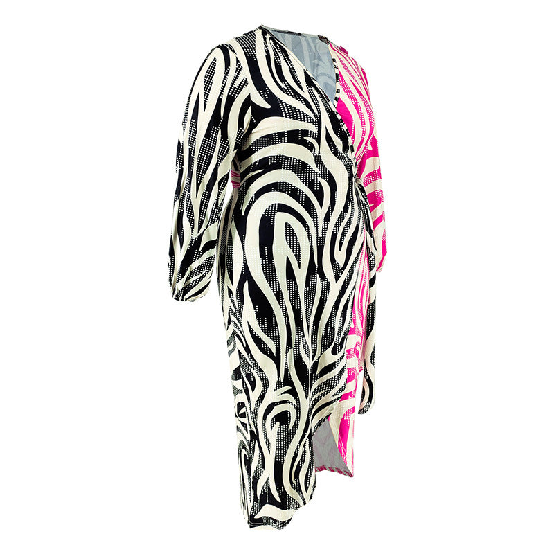 Plus Size Women Printed Two-Color Patchwork Lace-Up Irregular Sexy Dress 9