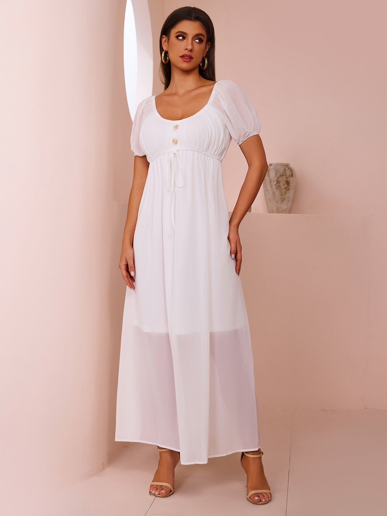 Summer Solid Color Square Neck Cotton Holiday Slim Waist Maxi Dress