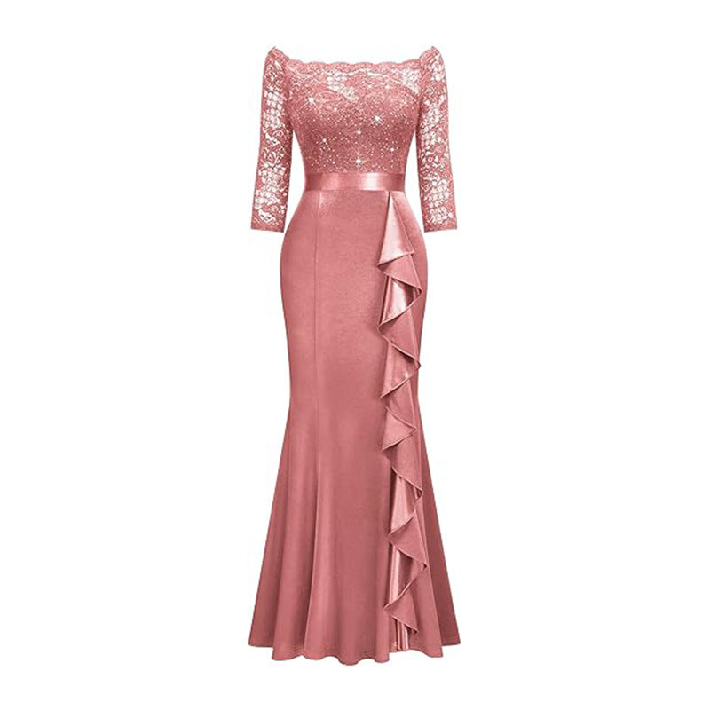 Women Elegant Floral Lace Pleated Slit Maxi Dress 15