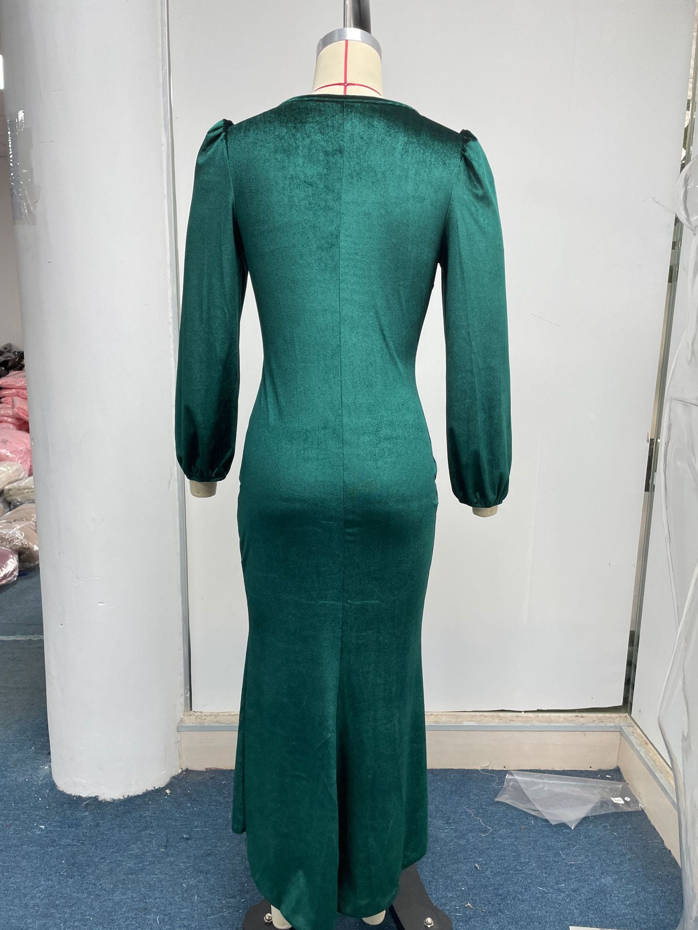 Women Autumn Knittingv Collar Solid Padded Shoulder Long Sleeve Slit Evening Dress 34