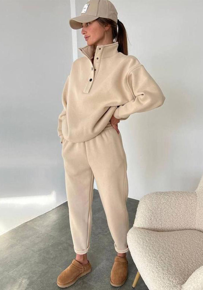 Spring And Autumn Women's Fashion Button Stand Collar Top Loose Pants Two Piece Set