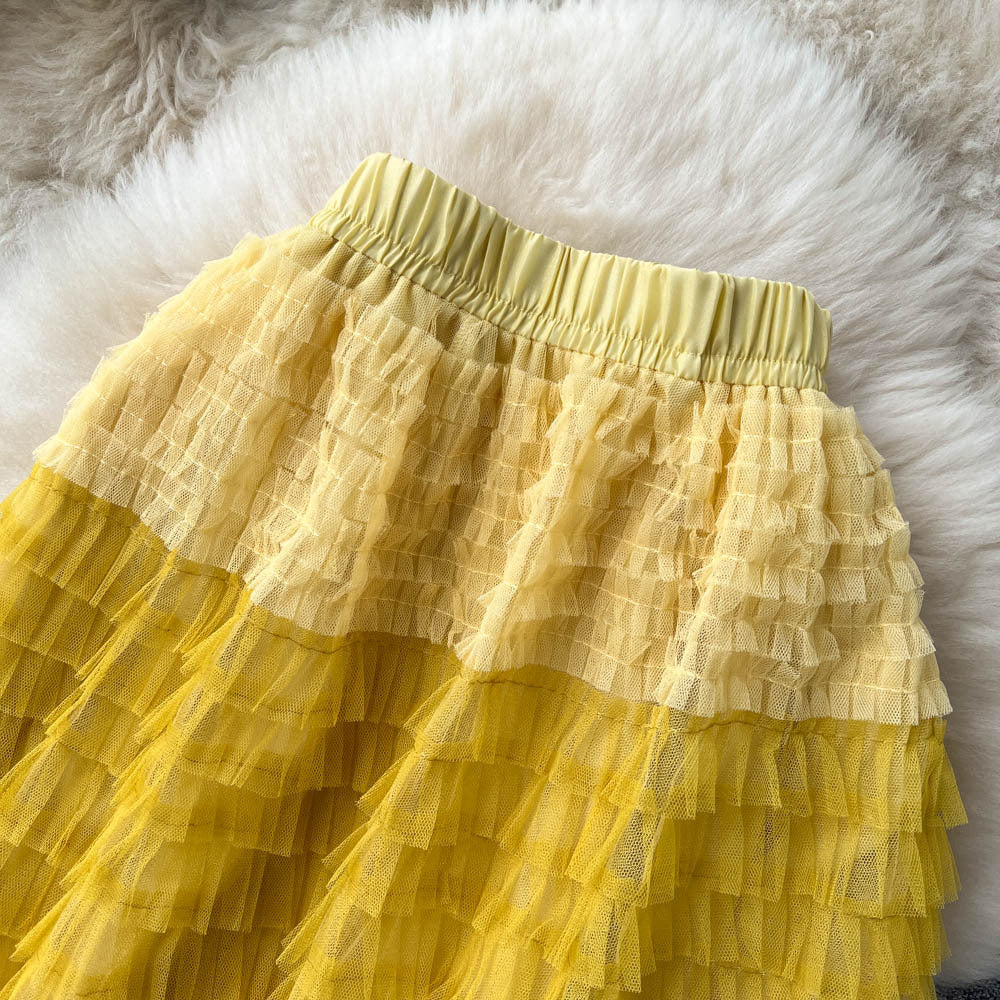 Women  Irregular Gradient Cascading Ruffles Puffy Mesh Skirt 34