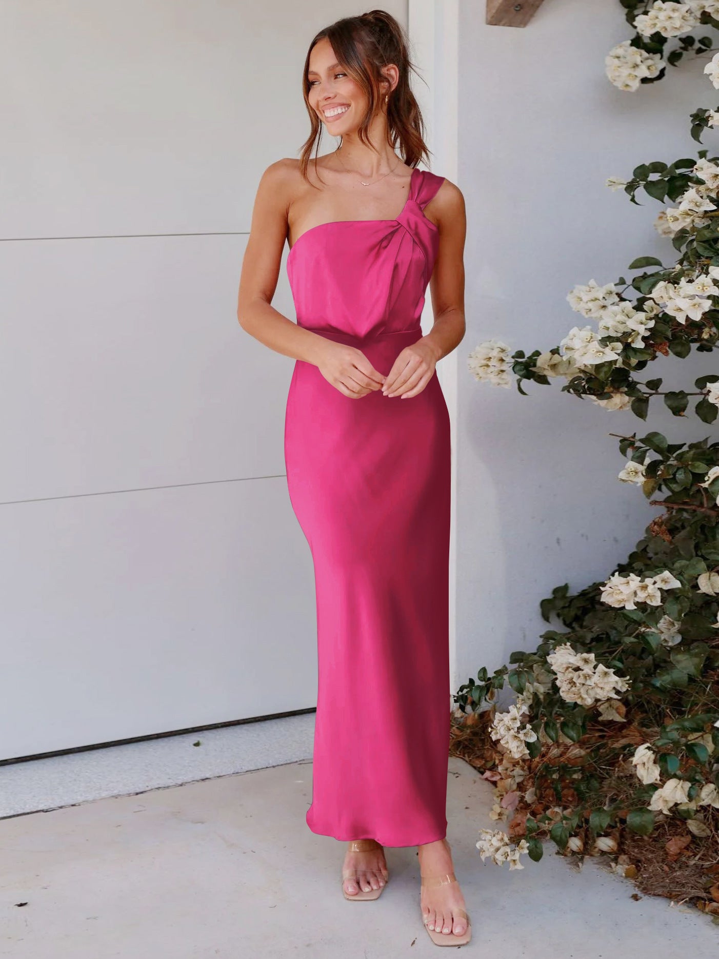 Women's sleeveless one-shoulder long dress satin Formal Party fishtail evening dress 14