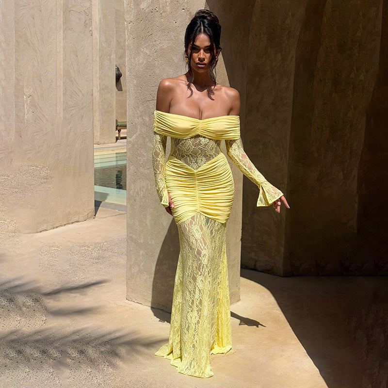 Women's Chic Lace Patchwork Off-Shoulder Slit Long Sleeve Ruffle Maxi Dress 4