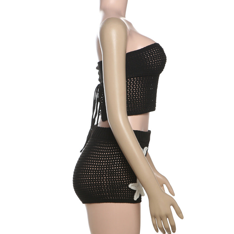 Women's Summer Sexy Strapless Floral Knitted Shorts Set 9