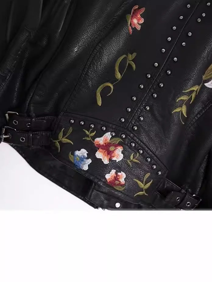 Women Embroidered Rivet Pu-Leather Long Sleeve Coat 11