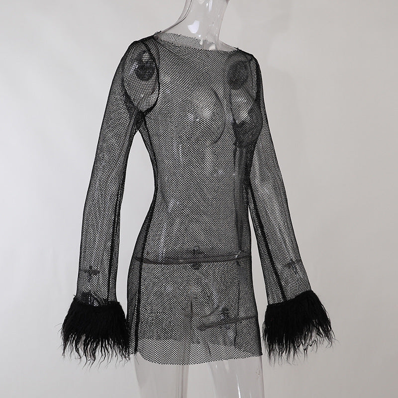 Furry Long Sleeve See-Through Mesh Fashion Trend Sexy Women's Nightclub  Dress 16