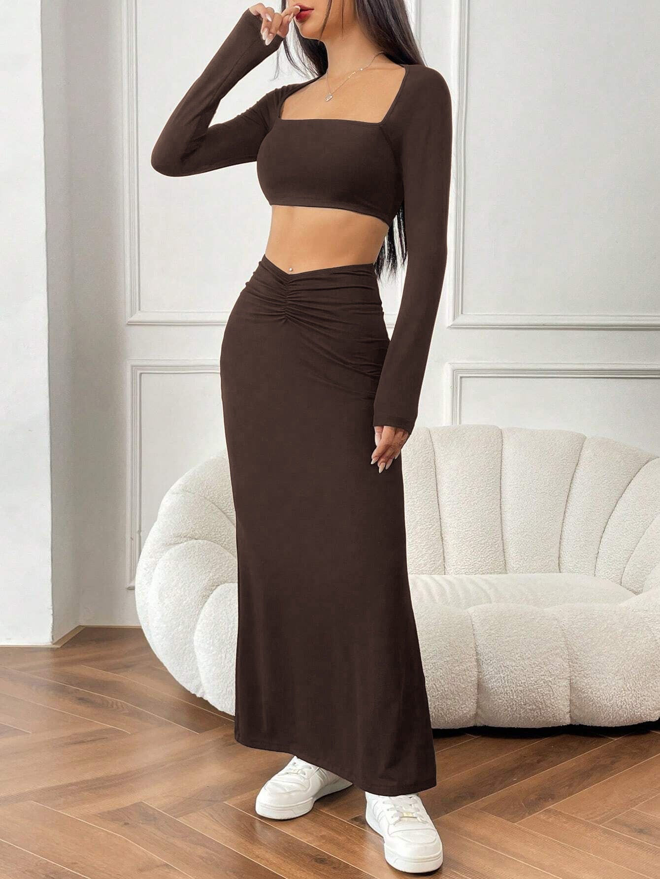 Women Autumn Winter Solid Color Casual Long Sleeve Square Neck Crop Top Fashion Fishtail Long Skirt Two Piece Set 8