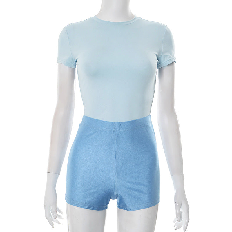 Women summer sexy Solid Round Neck short-sleeved T-shirt Top and shorts two-piece set 9
