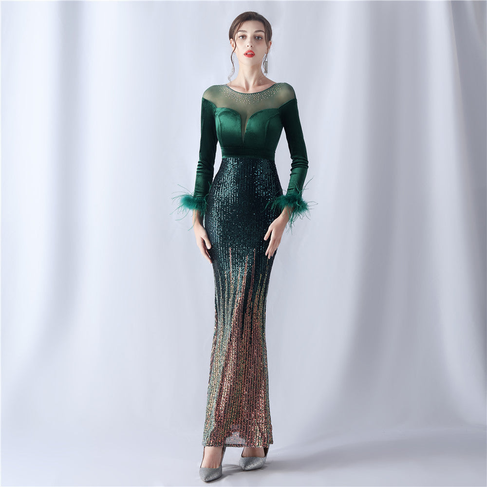 Women Gradient Beaded Velvet Evening Dress 11