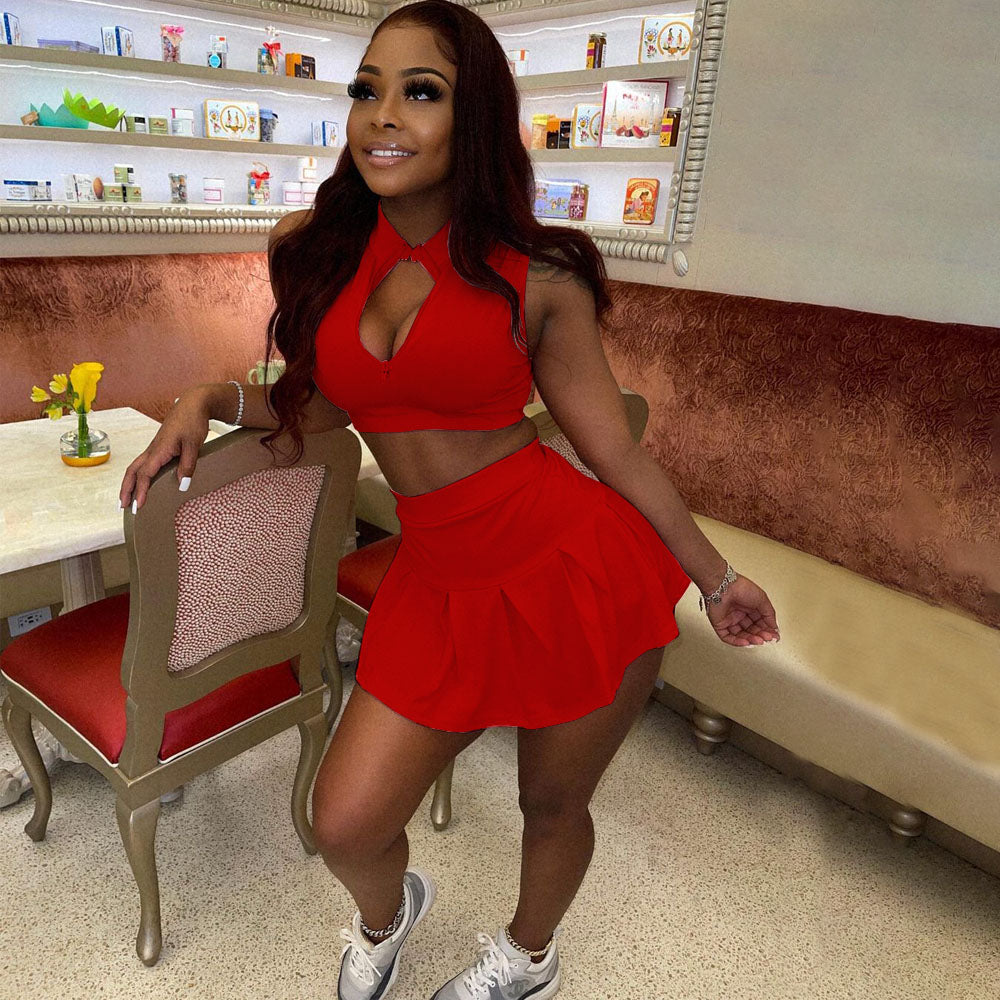 Solid Vest Pleated Skirt Sexy Casual Set 4