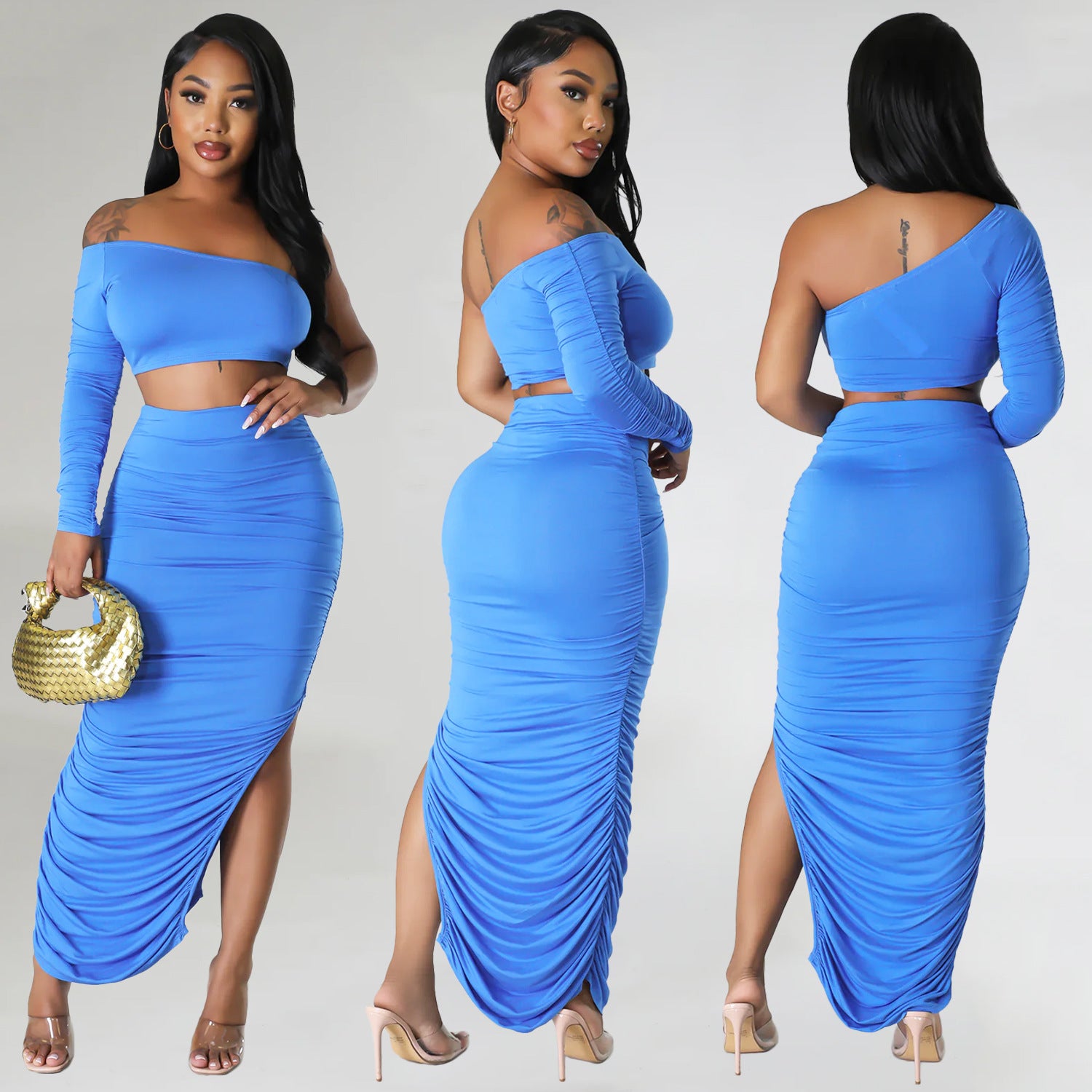 Summer One Shoulder Long Sleeve Women's Sexy Tight Fitting Ruched Irregular Two-Piece Skirt Set 5