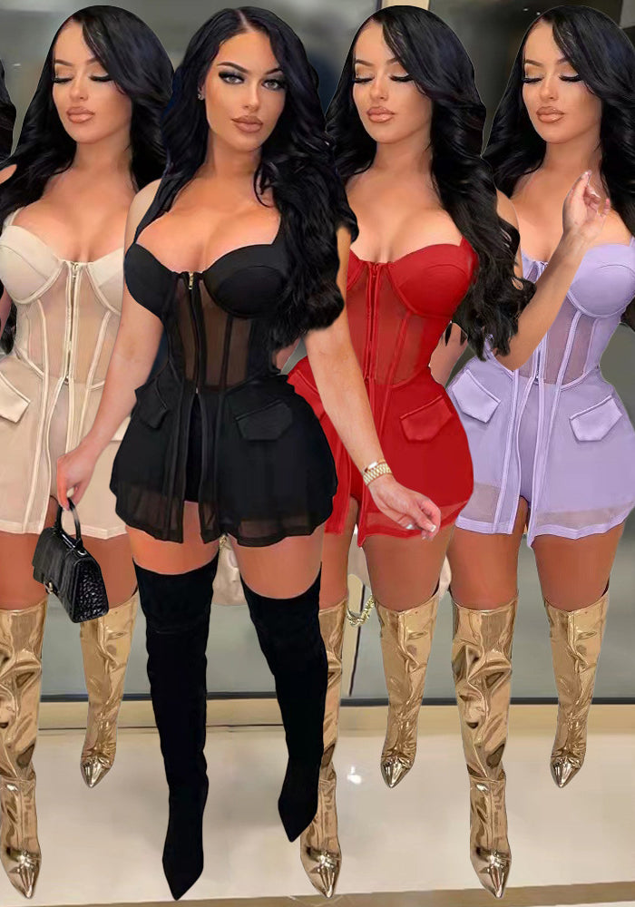 Women Mesh See-Through Patchwork vest shorts 2-piece set