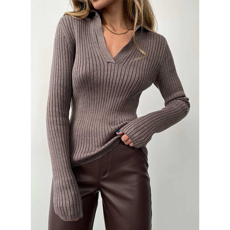 Autumn And Winter Turndown Collar V-Neck Knitting Sweater Chic Career Slim Ribbed Basic Pullover Top For Women 9